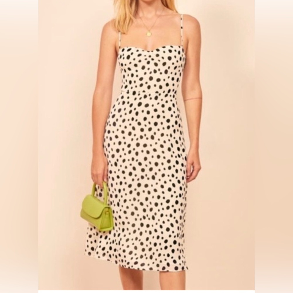 Reformation white with black polka dot midi dress size 12 VGUC